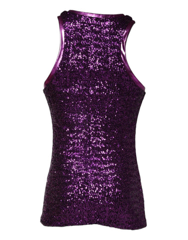 Purple sequin sleeveless T-shirt with round neck from Dolce & Gabbana, close-up of shiny sequins and soft fabric.