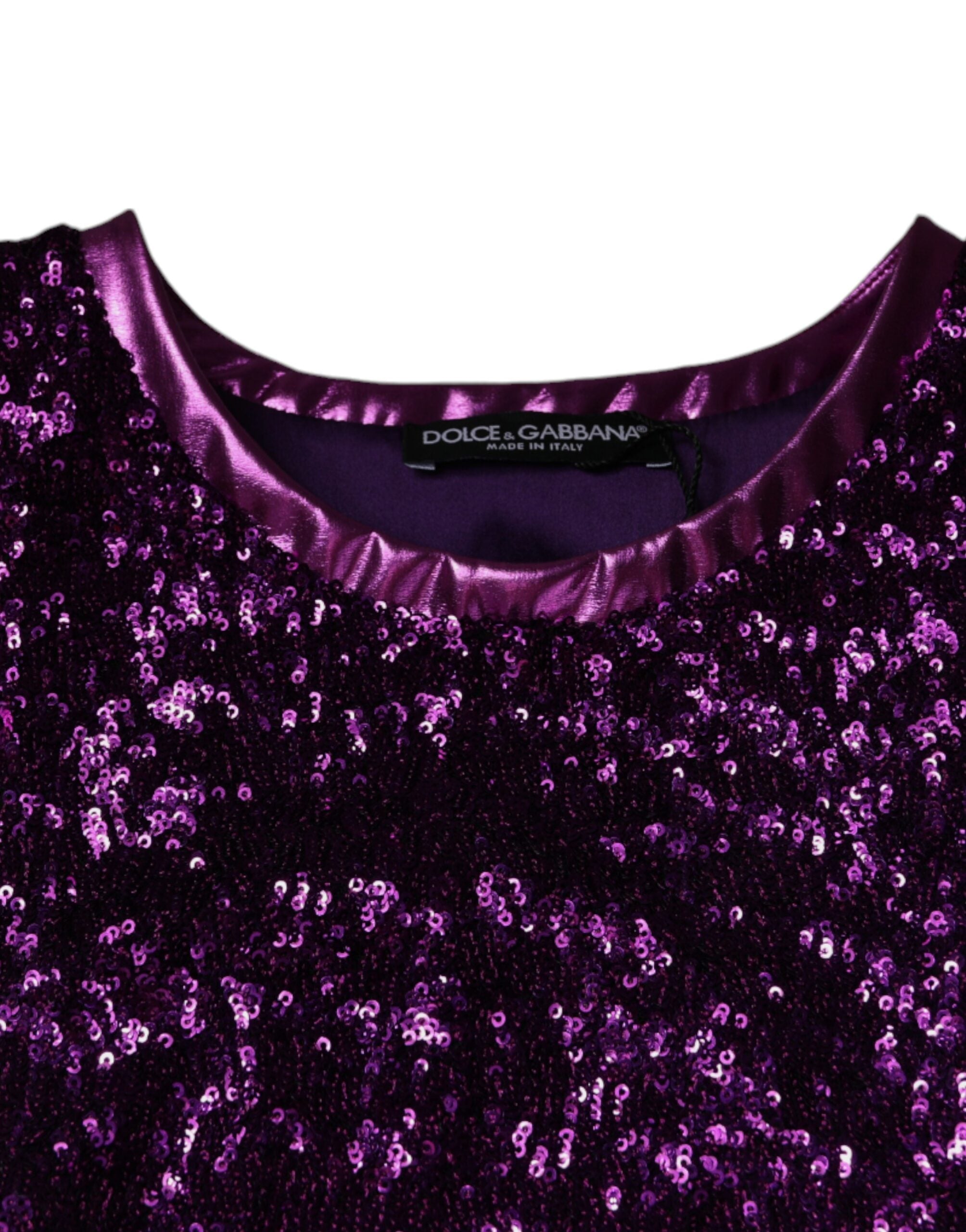 Purple sequin round neck sleeveless T-shirt by Dolce & Gabbana, featuring shimmering sequins and a casual round neckline.