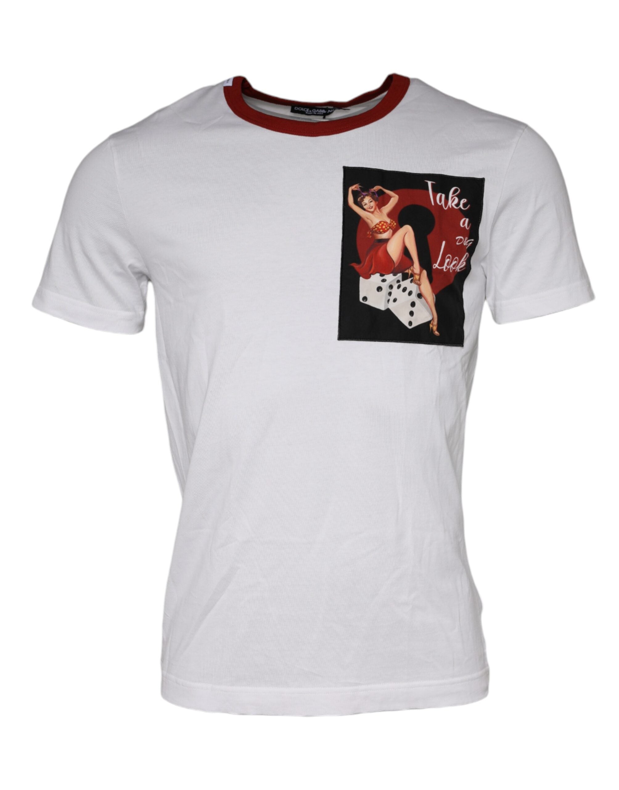 White cotton crew neck T-shirt with graphic print by Dolce & Gabbana, shown flat with visible design on front.