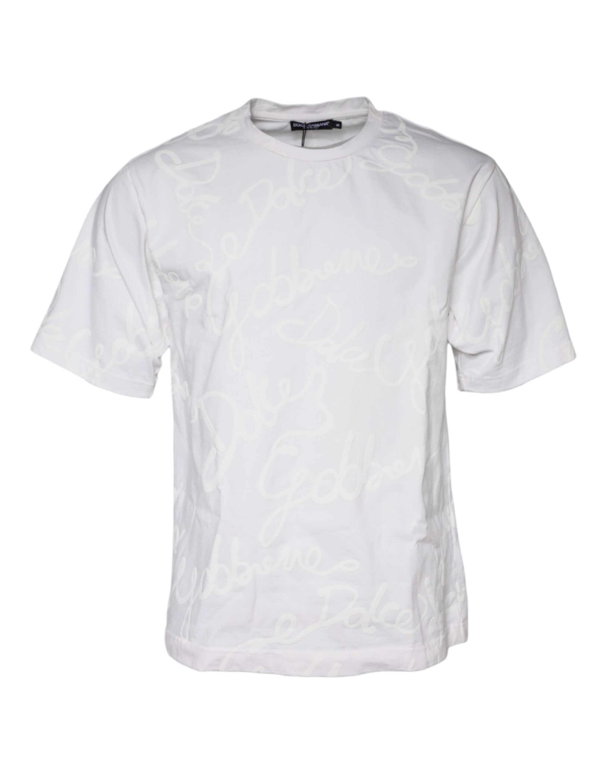 White cotton crew neck T-shirt with Dolce & Gabbana logo print, featuring a casual fit and minimalist design.