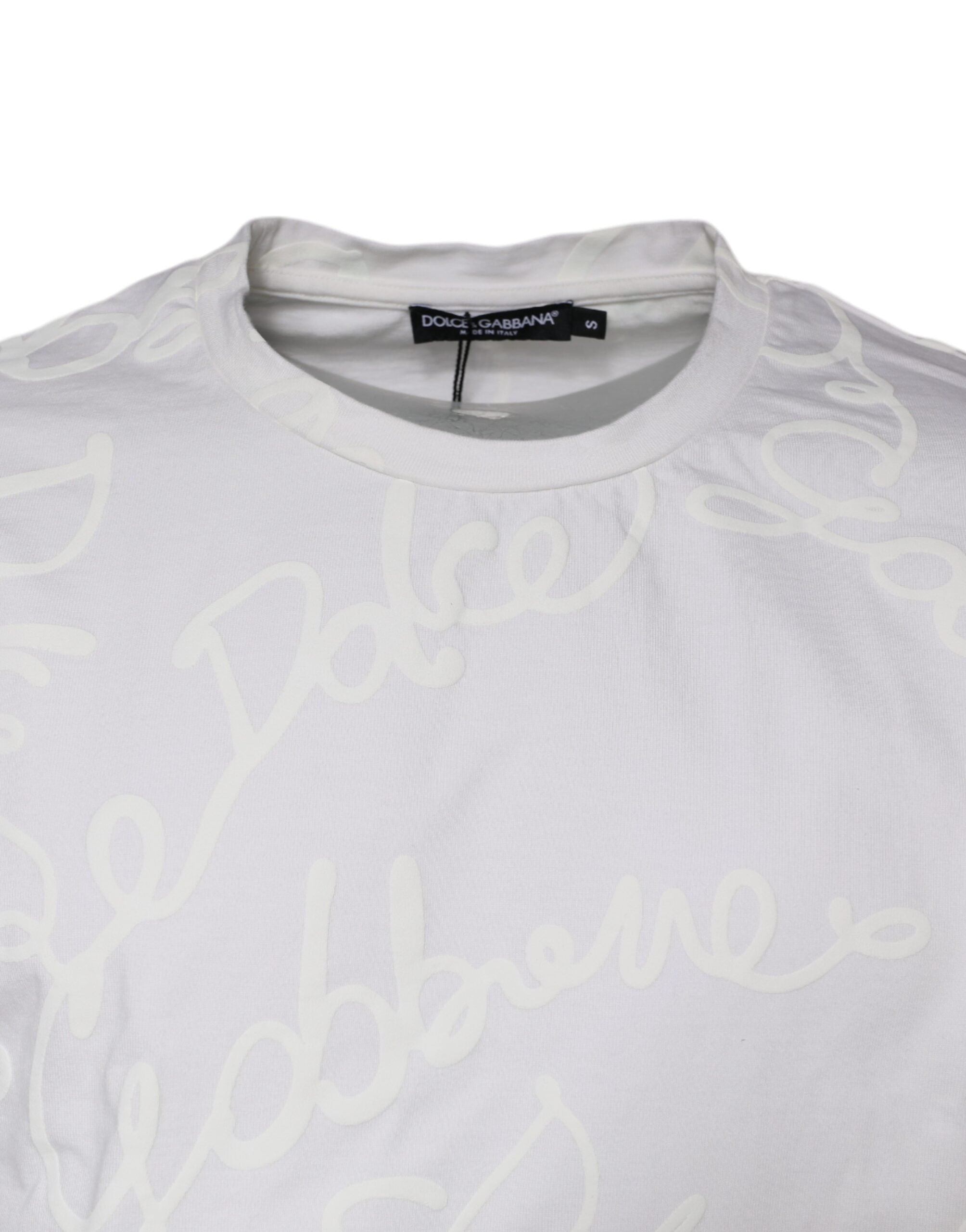 White cotton crew neck T-shirt with Dolce & Gabbana logo print, featuring a casual fit and stylish design.