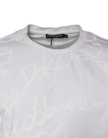 White cotton crew neck T-shirt with Dolce & Gabbana logo print, featuring a casual fit and stylish design.
