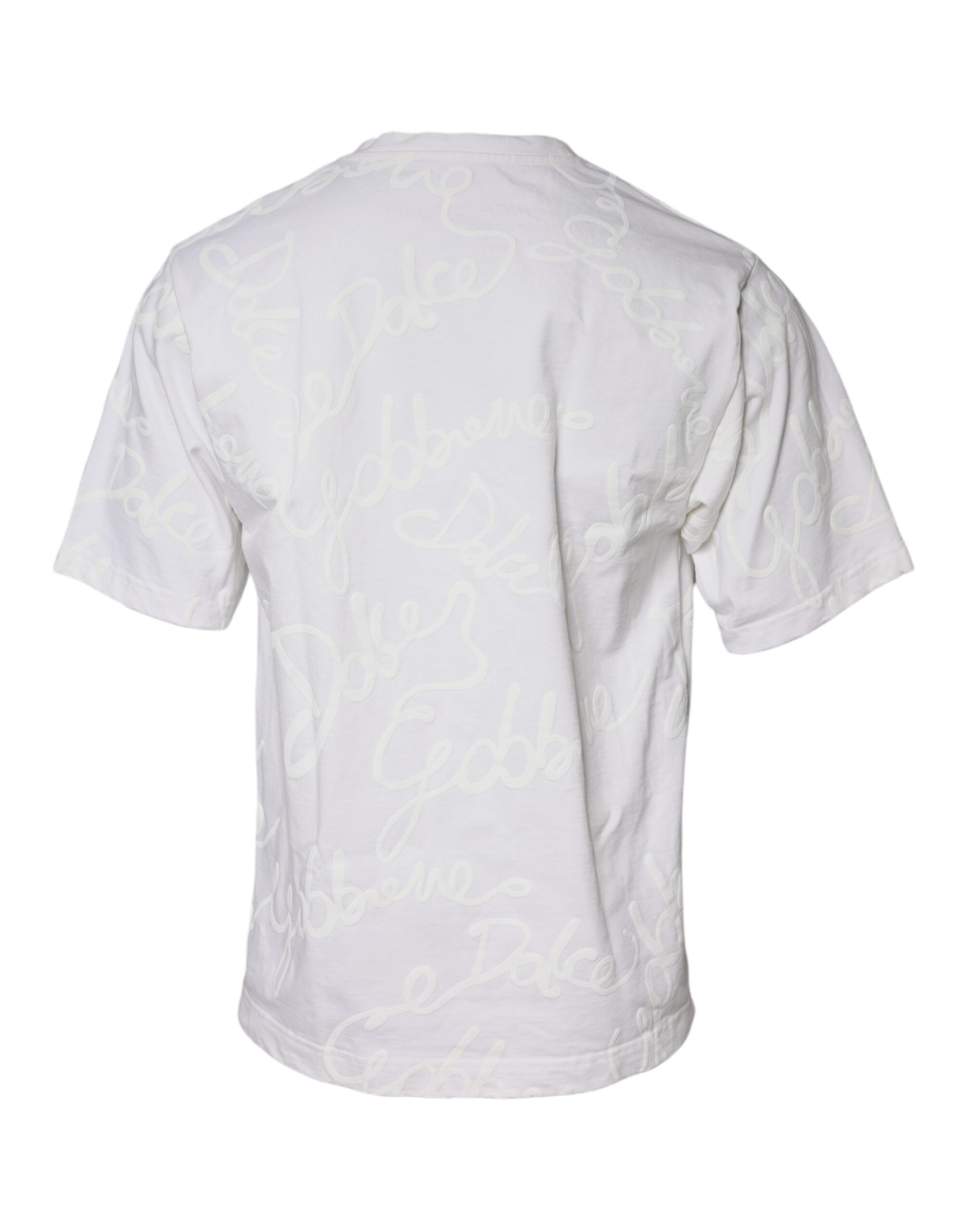 White cotton crew neck T-shirt with Dolce & Gabbana logo print, casual fit, front view showing the logo design.