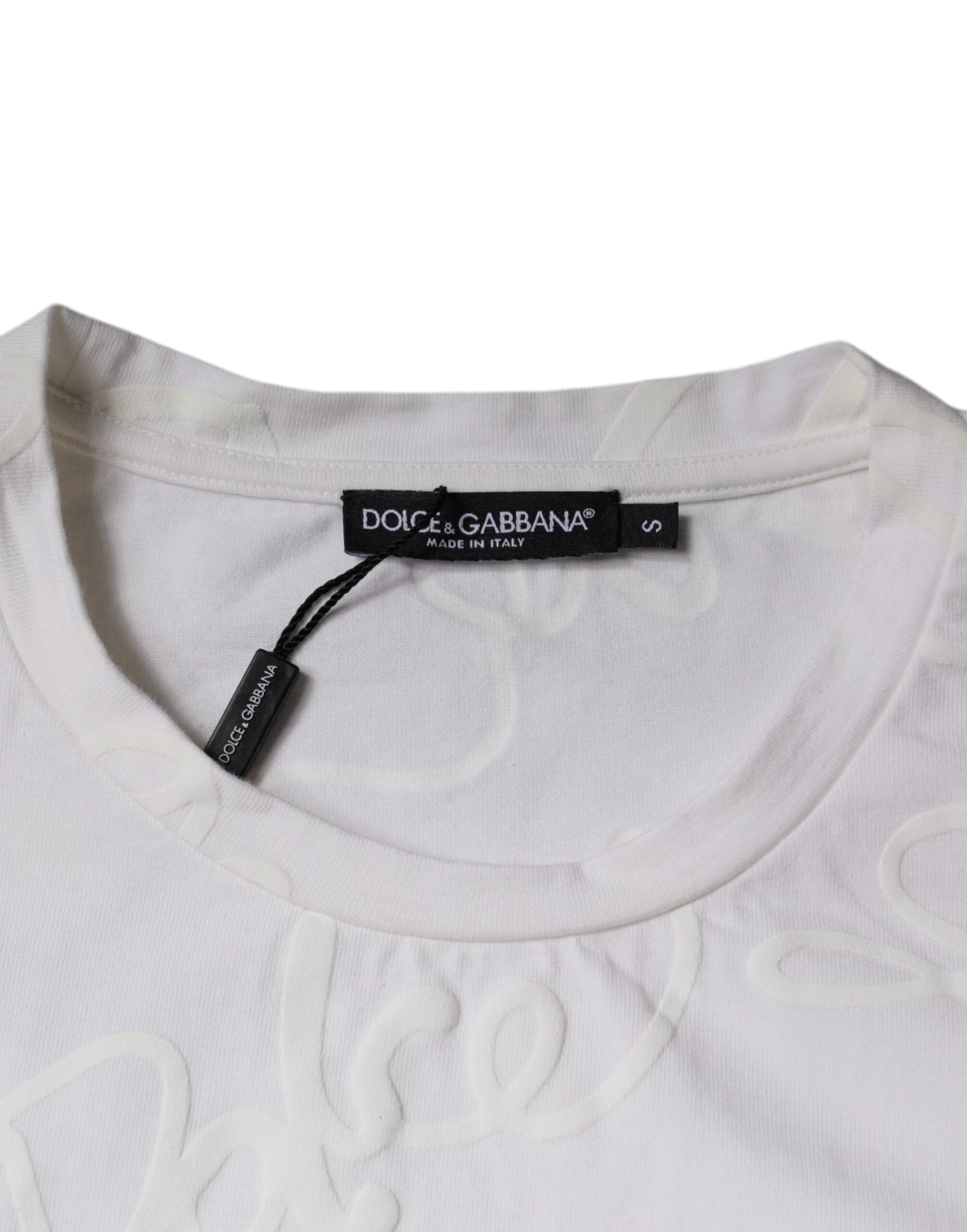 White cotton crew neck T-shirt by Dolce & Gabbana with a prominent logo print on the front.