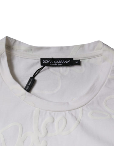 White cotton crew neck T-shirt by Dolce & Gabbana with a prominent logo print on the front.