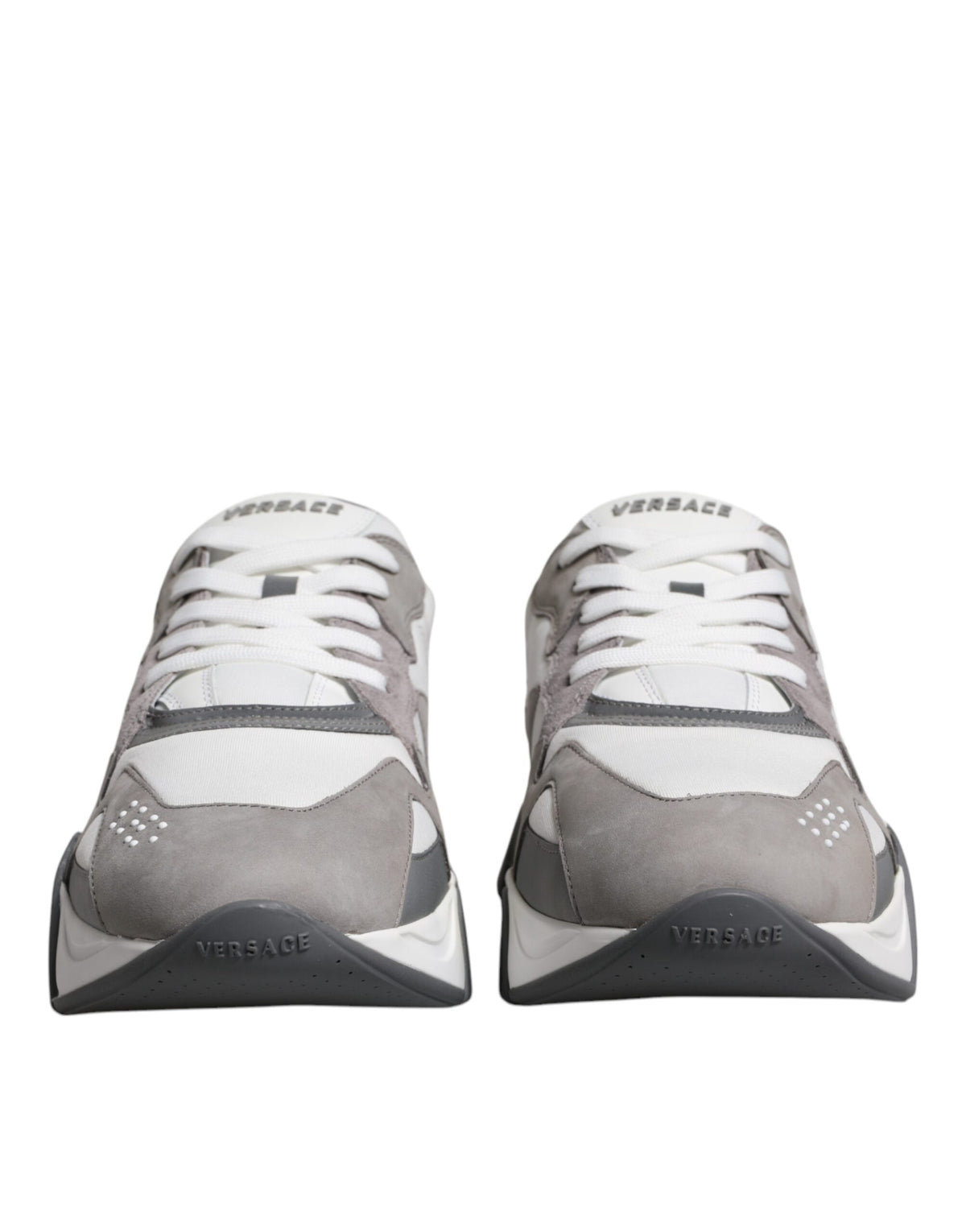 Versace grey leather and neoprene chunky low-top Squalo sneakers with lace-up design and stylish sole.