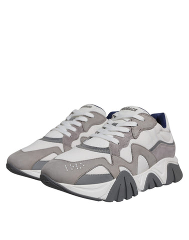 Versace grey leather and neoprene chunky low top Squalo sneakers showing textured leather and sporty design.