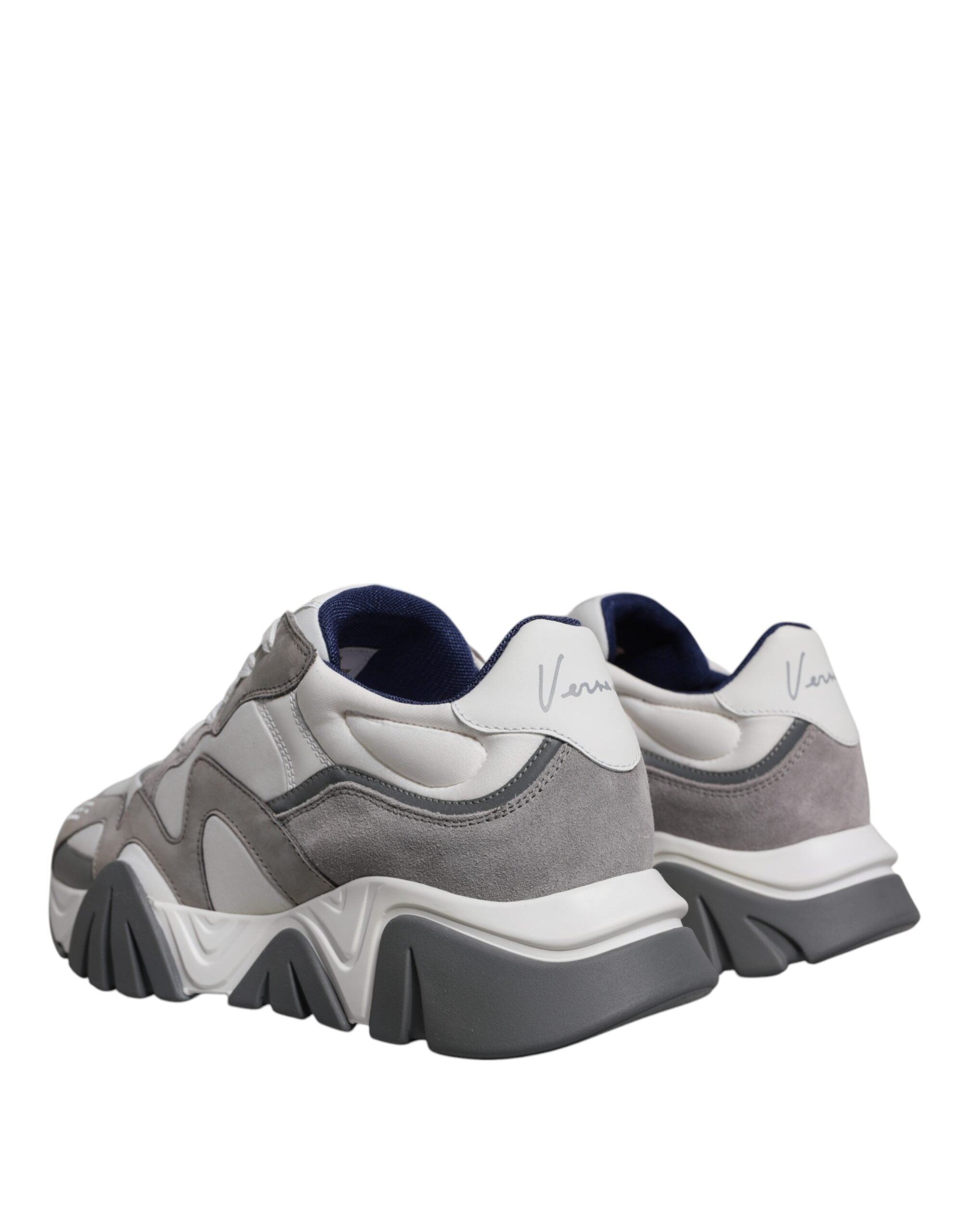 Versace grey leather and neoprene chunky low-top Squalo sneakers with thick soles and stylish design.