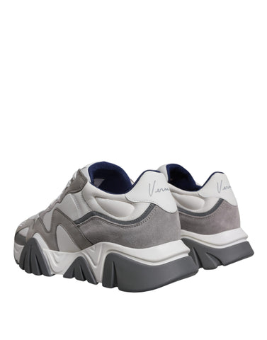 Versace grey leather and neoprene chunky low-top Squalo sneakers with thick soles and stylish design.