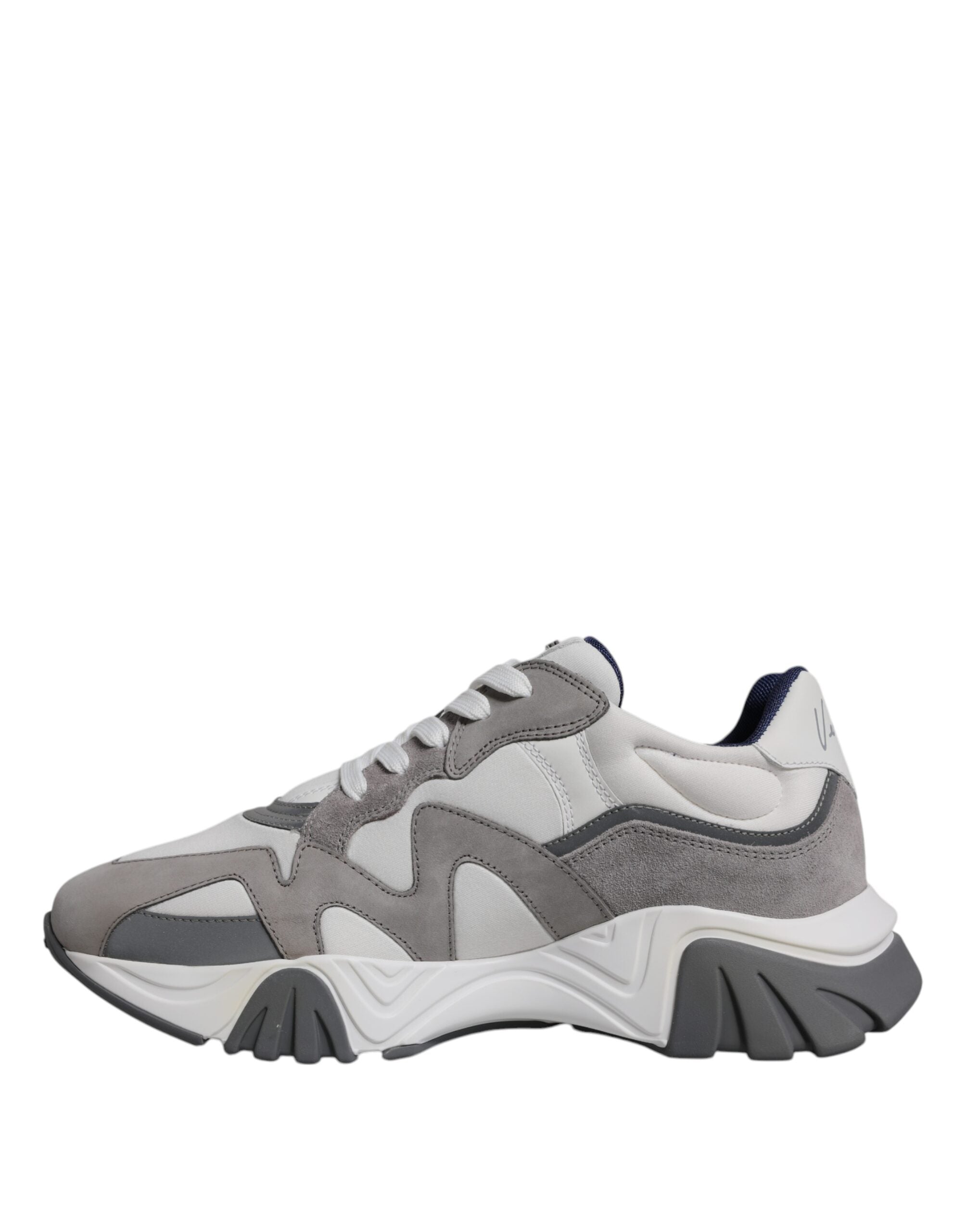 Versace grey leather and neoprene chunky low top Squalo sneakers showing textured leather and sporty design.