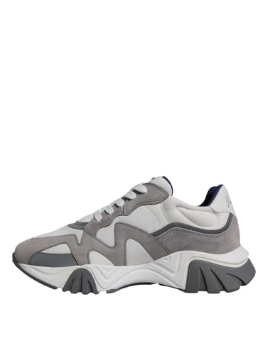 Versace grey leather and neoprene chunky low top Squalo sneakers showing textured leather and sporty design.