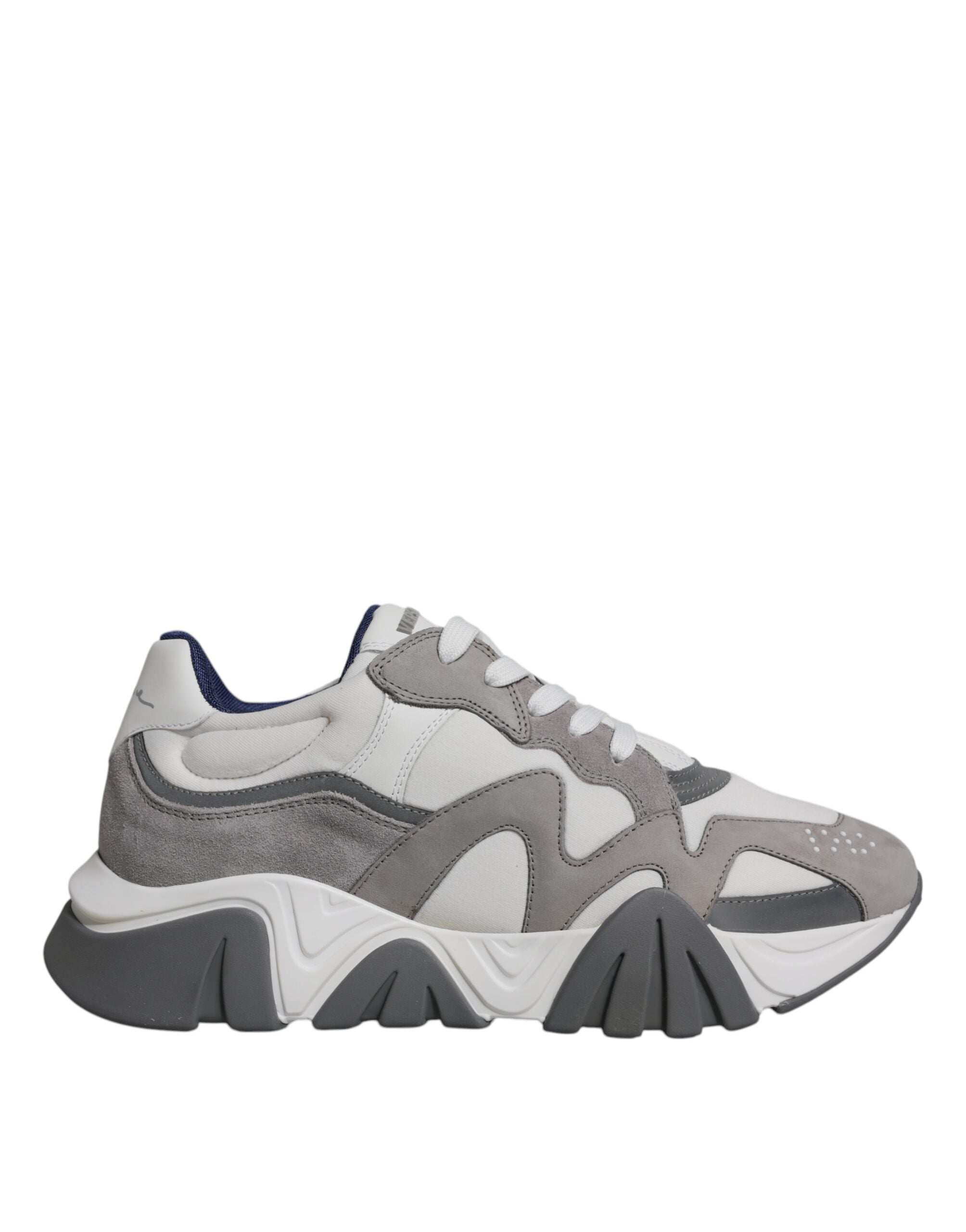 Grey leather and neoprene Versace Squalo chunky low-top sneakers with thick soles and stylish design.