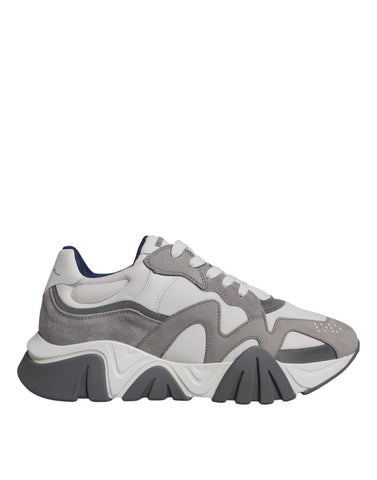 Grey leather and neoprene Versace Squalo chunky low-top sneakers with thick soles and stylish design.
