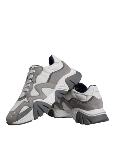 Versace grey leather and neoprene chunky low-top Squalo sneakers with thick soles and stylish design.