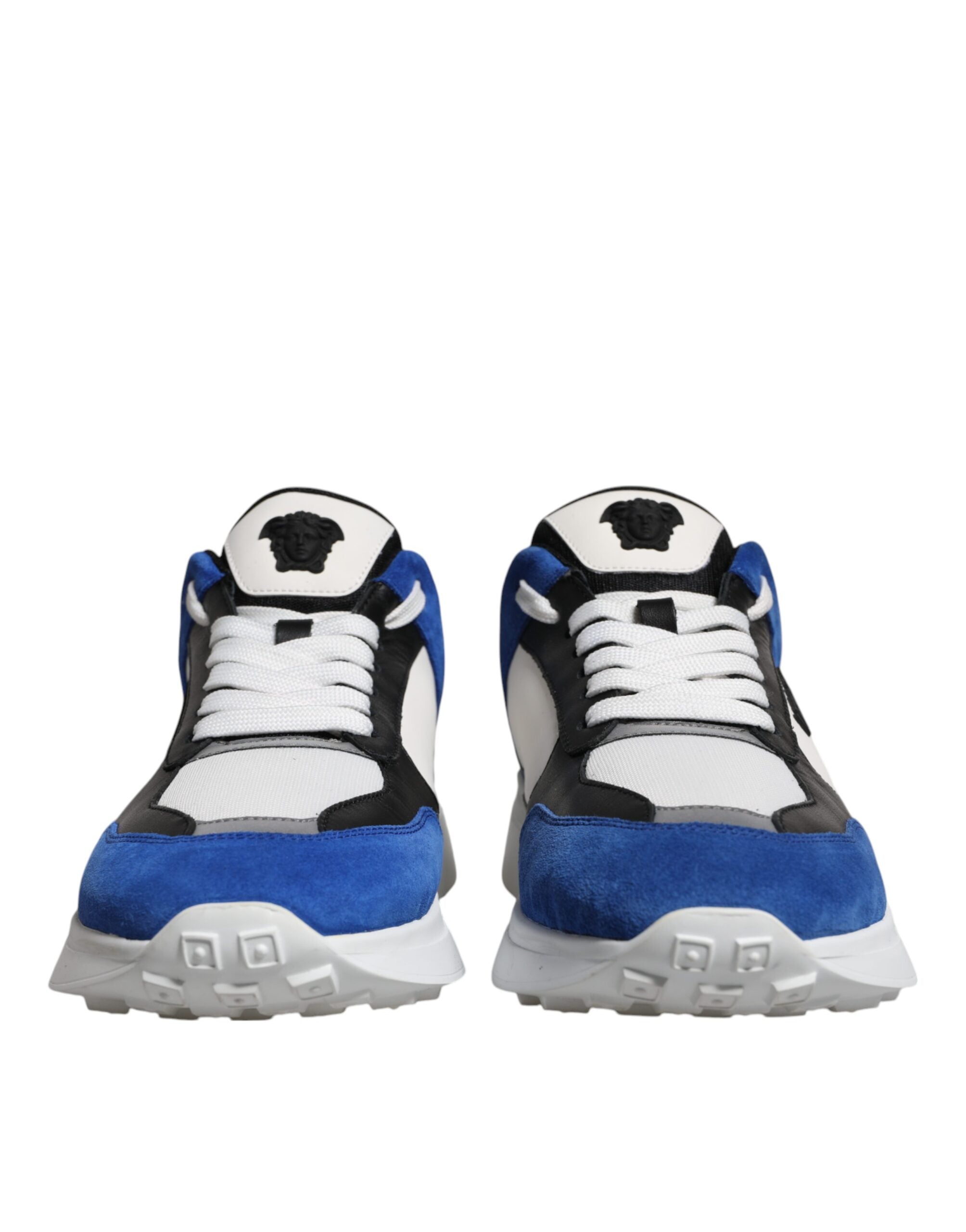 Versace multicolor canvas quad fabric low top sneakers with Medusa design, stylish casual shoes for men and women.