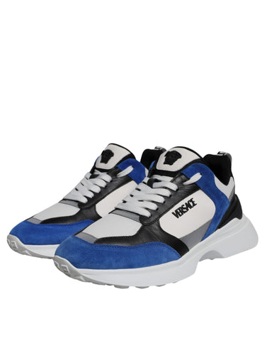 Versace multicolor canvas low-top sneakers with Medusa logo, featuring a quad fabric design and stylish casual footwear.