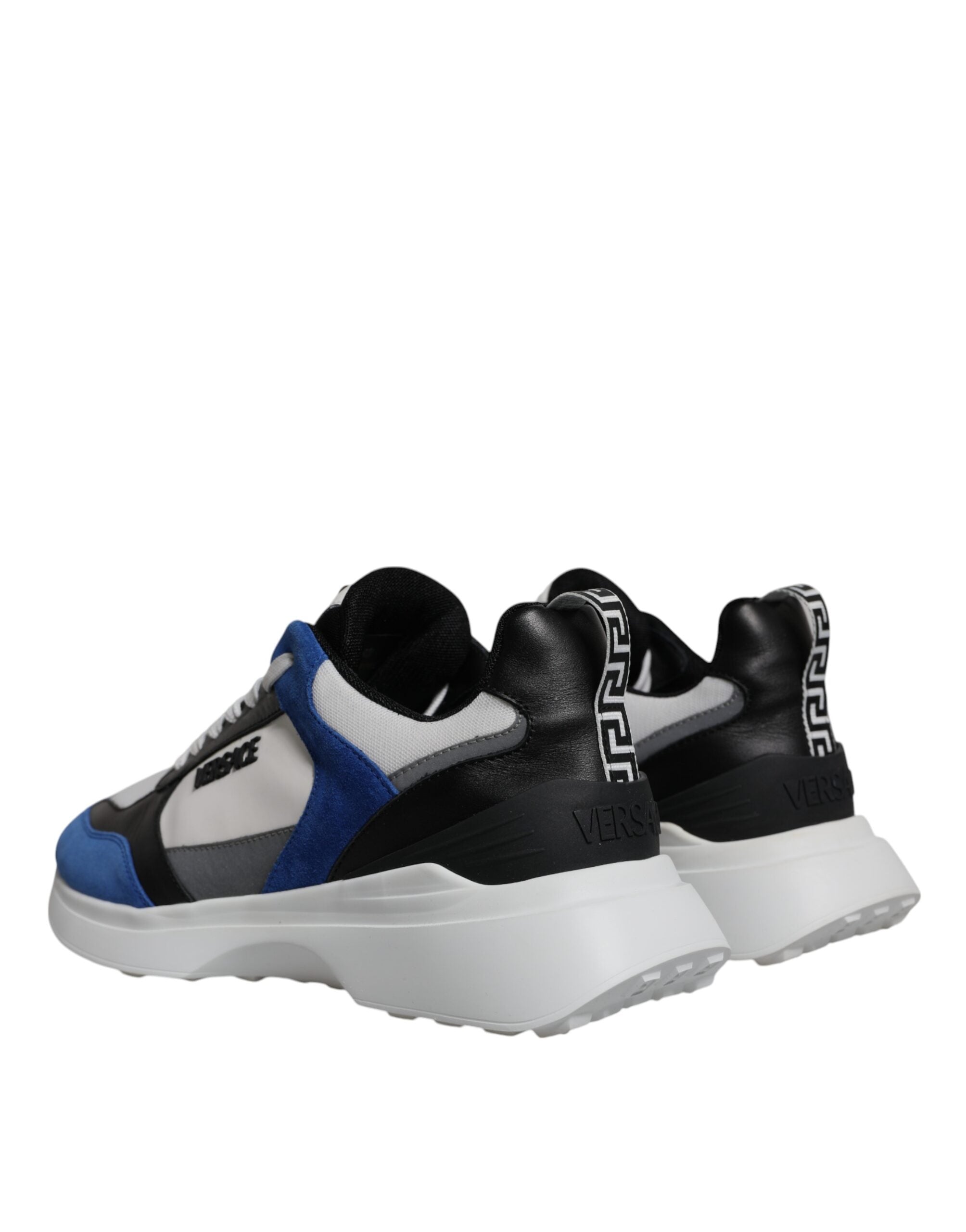 Versace multicolor canvas Medusa low top sneakers with quad fabric design and stylish logo details.