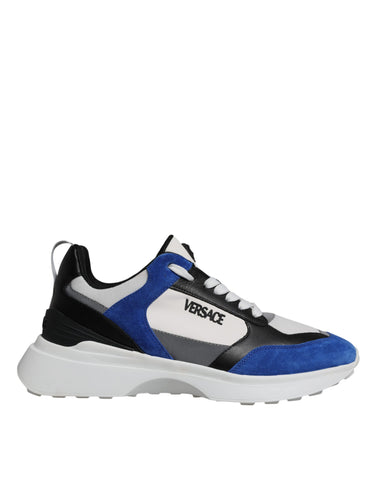 Versace multicolor canvas low-top sneakers with Medusa logo, featuring a quilted fabric design and stylish casual footwear.