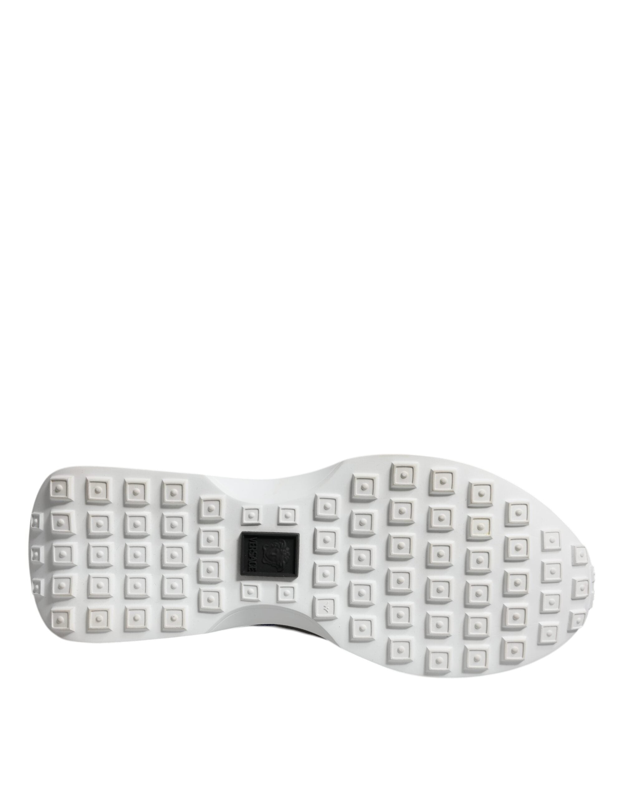 Versace multicolor canvas quad fabric Medusa low top sneakers with graphic design and logo on white rubber sole.