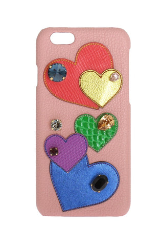 Pink leather heart-shaped phone case with crystal embellishments by Dolce & Gabbana, featuring a stylish and elegant design.