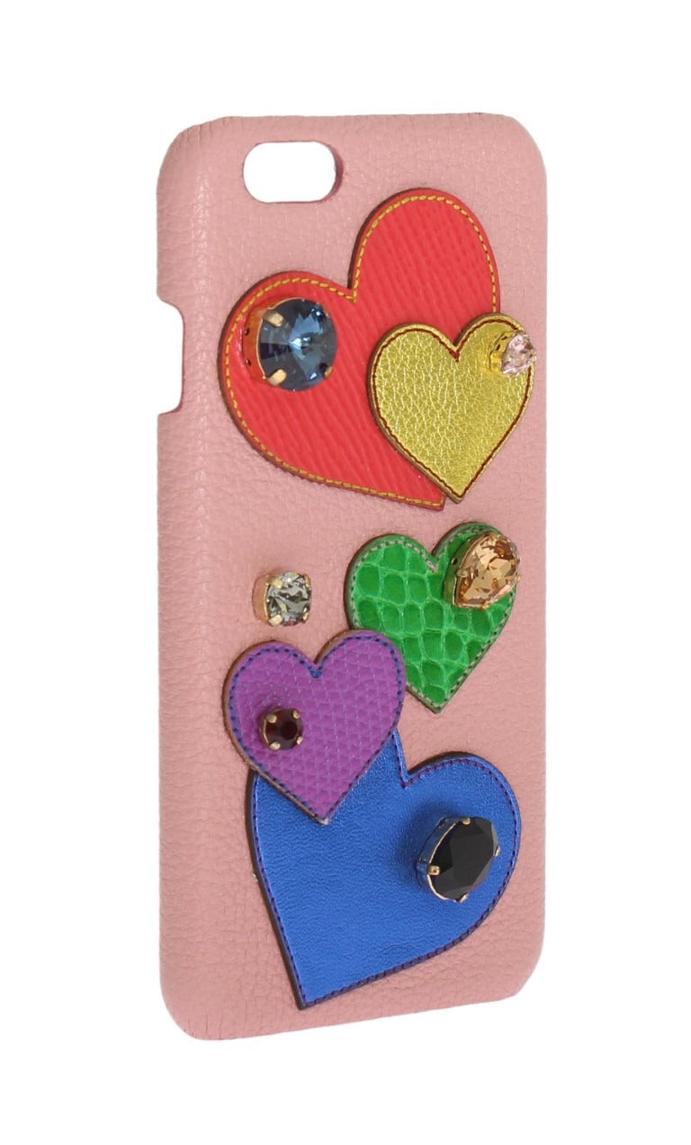 Pink leather Dolce & Gabbana heart-shaped phone case with crystal embellishments, designed for iPhone models.