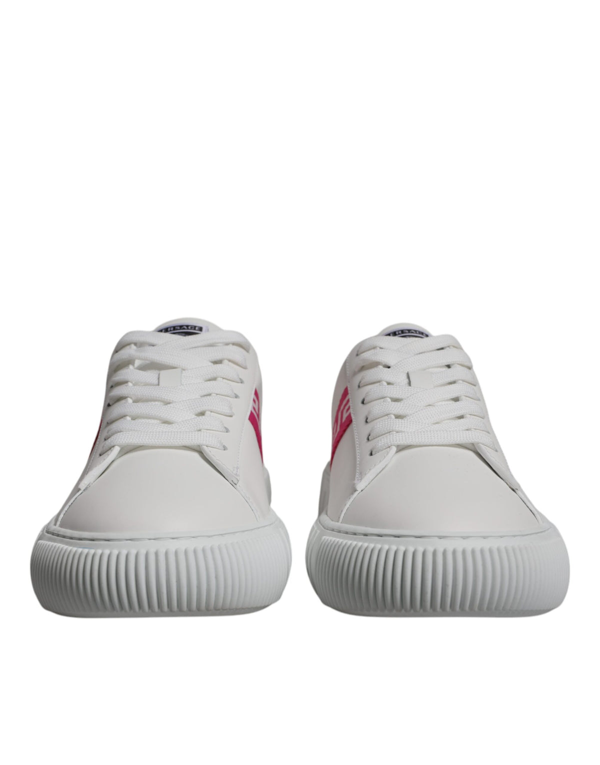 Versace white and pink Greca print platform low-top sneakers with stylish design and comfortable fit.