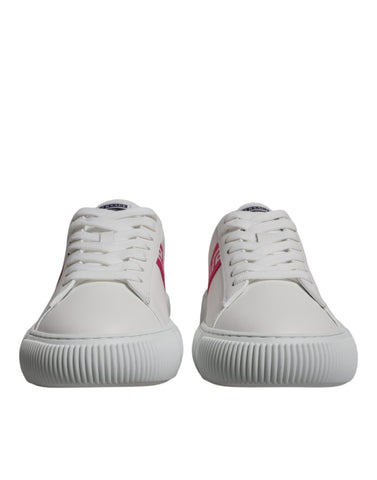 Versace white and pink Greca print platform low-top sneakers with stylish design and comfortable fit.