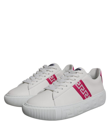 Versace white and pink Greca print platform low top sneakers with stylish design and comfortable sole.