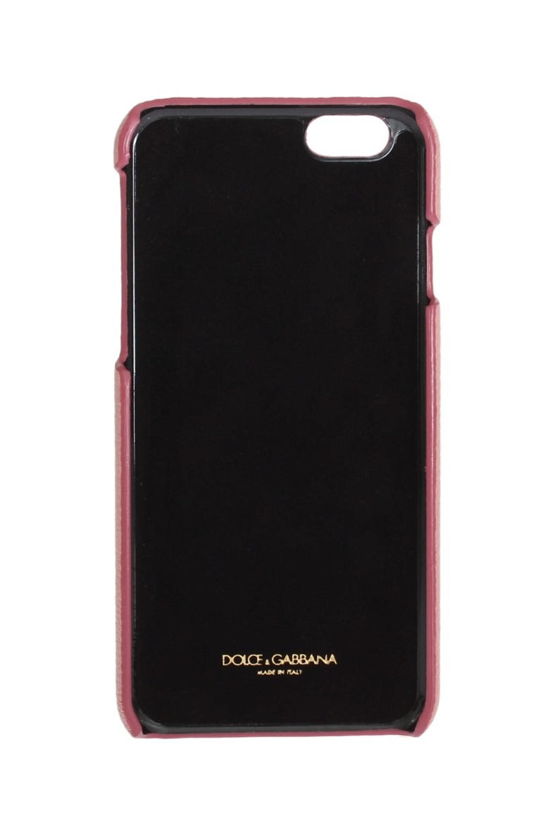 Dolce & Gabbana pink leather phone case with heart-shaped crystal embellishments and smooth finish.