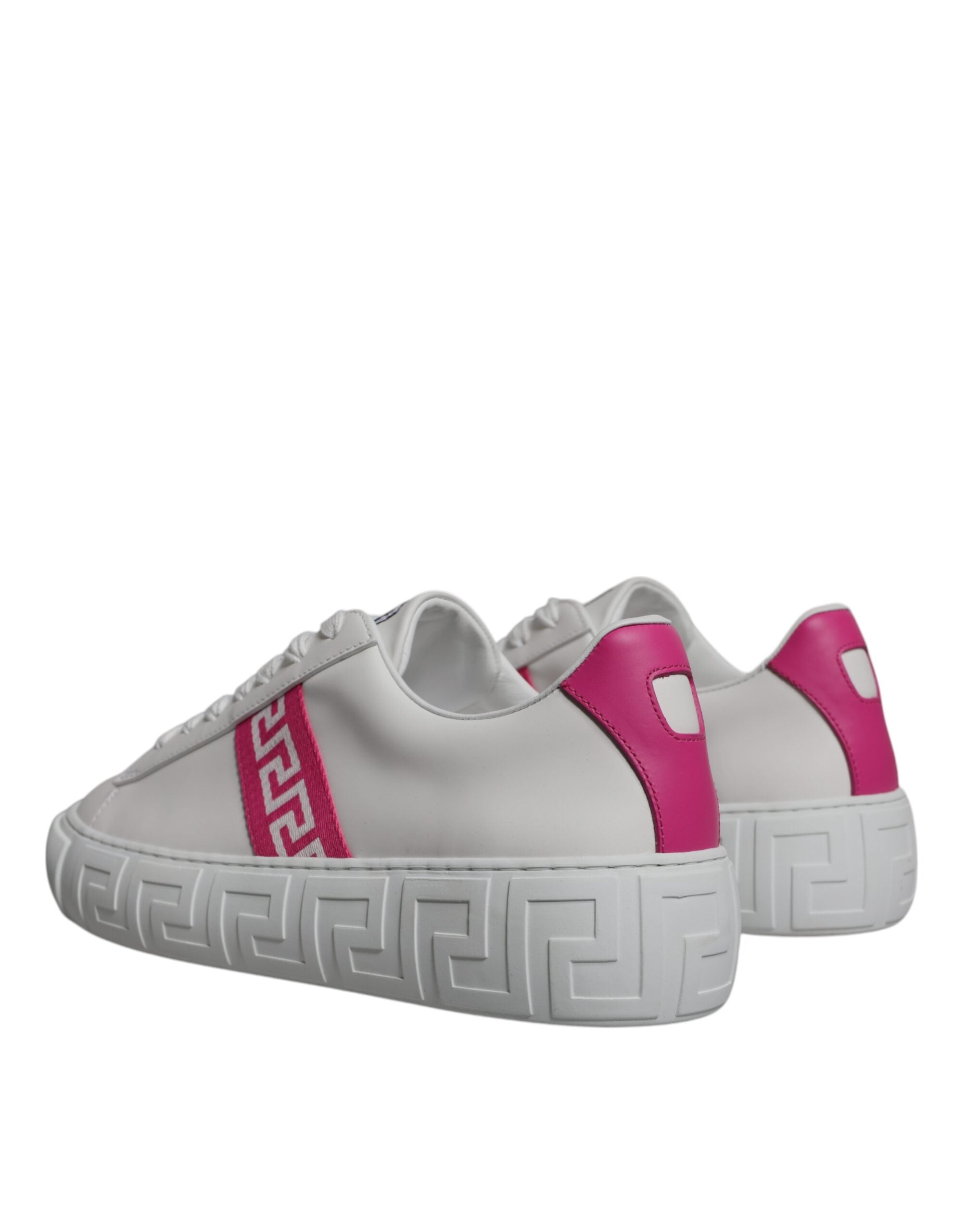 Versace white and pink Greca print platform low-top sneakers with stylish design and comfortable rubber soles.