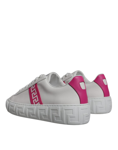 Versace white and pink Greca print platform low-top sneakers with stylish design and comfortable rubber soles.