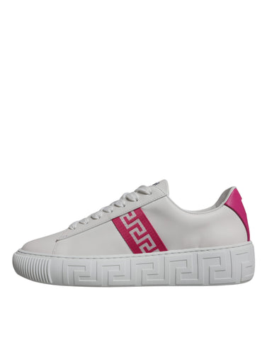 Versace white and pink Greca print platform low top sneakers with stylish design and comfortable sole.