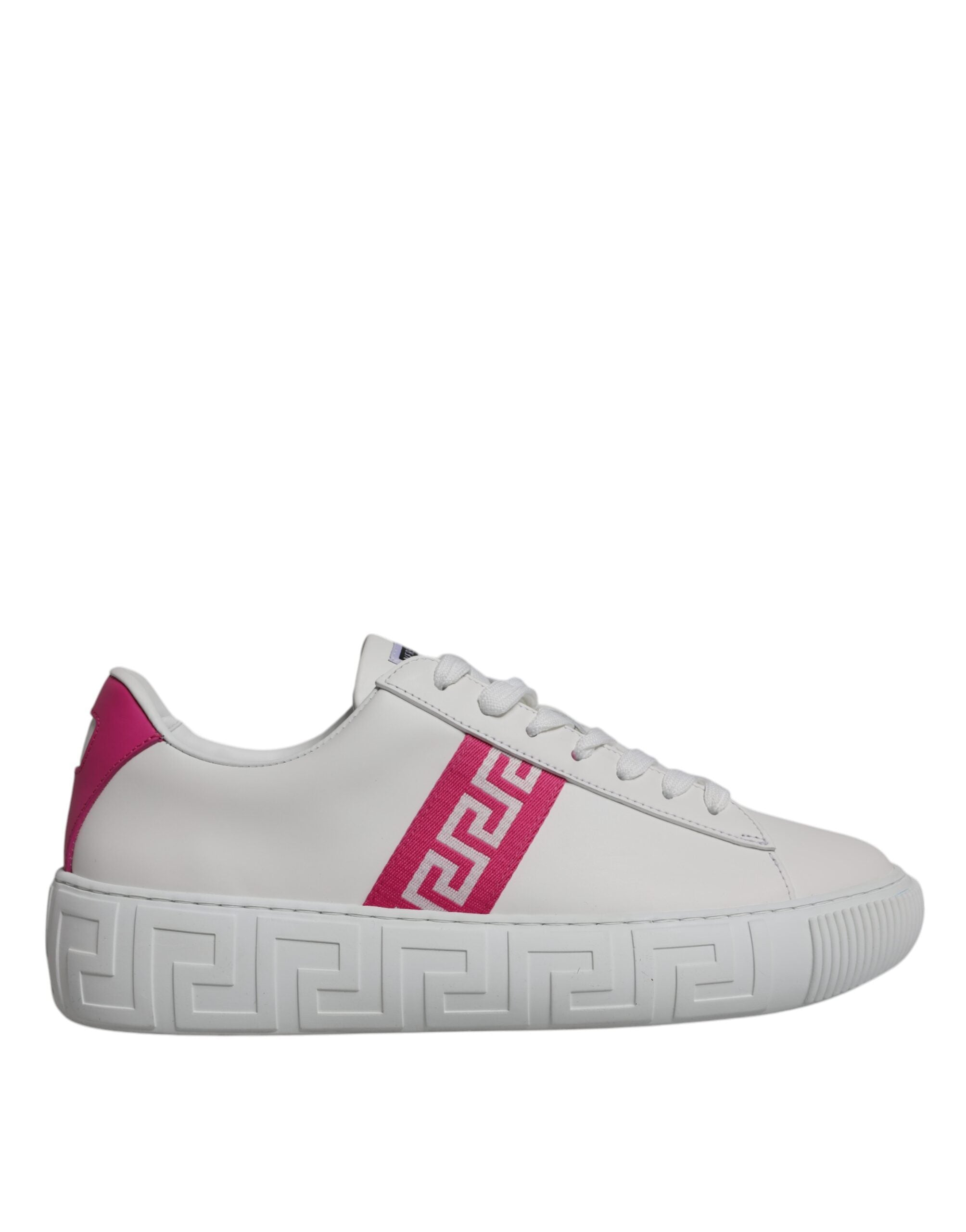 Versace white and pink Greca print platform low-top sneakers showing the stylish design and colorful pattern.