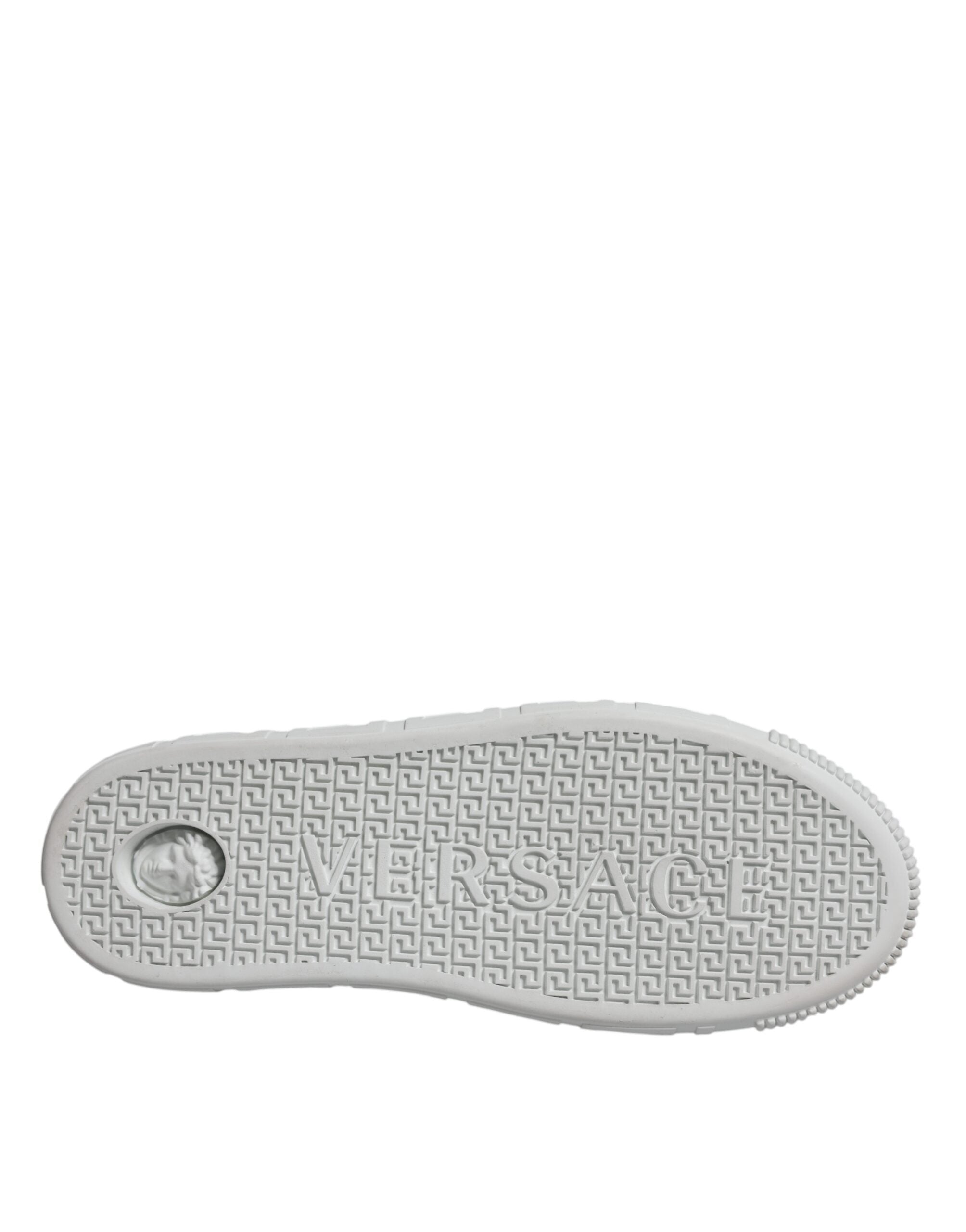 Versace white and pink Greca print platform low-top sneakers with bold design and comfortable sole.