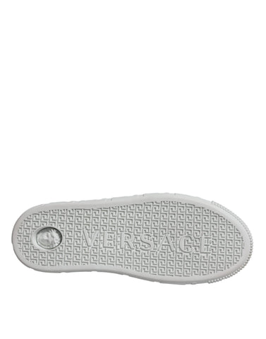Versace white and pink Greca print platform low-top sneakers with bold design and comfortable sole.