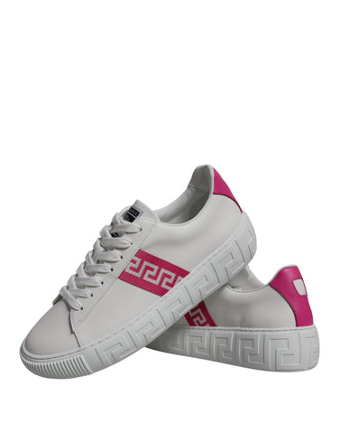 Versace white and pink Greca print platform low-top sneakers with stylish design and comfortable soles.