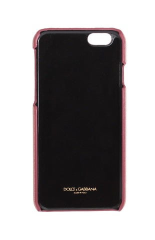 Dolce & Gabbana pink leather phone case with heart-shaped crystal embellishments and smooth finish.