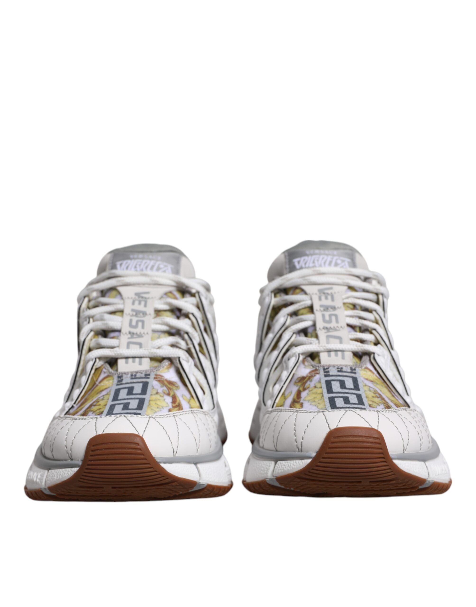 Versace White Trigreca Barocco Print low top sneakers with stylish design and logo, showcasing a sleek, fashionable shoe.