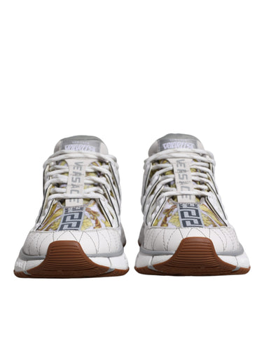 Versace White Trigreca Barocco Print low top sneakers with stylish design and logo, showcasing a sleek, fashionable shoe.
