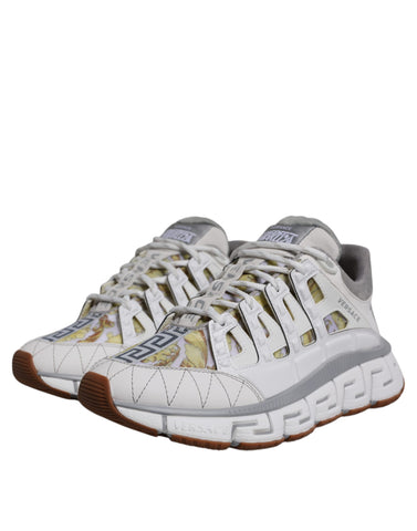 Versace White Trigreca Barocco Print low top sneakers showing stylish design and intricate Barocco pattern on the shoes.