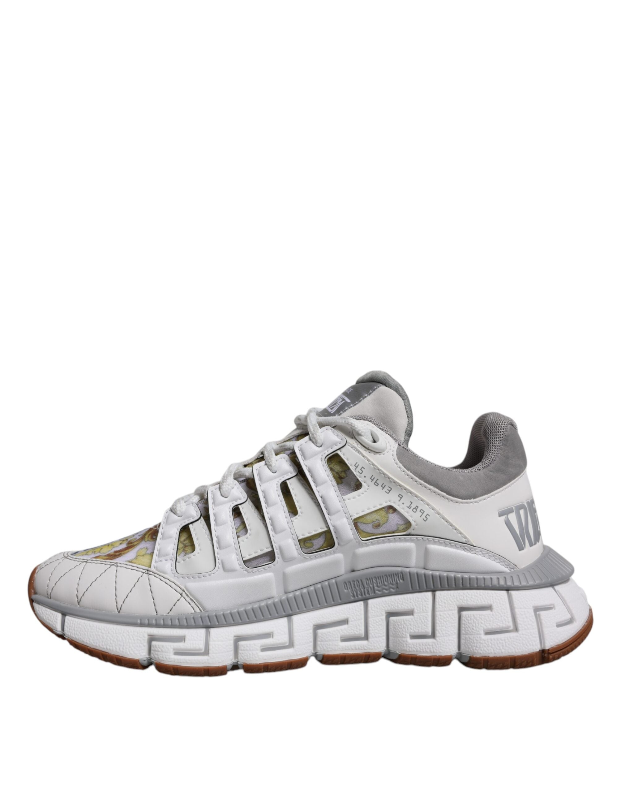 White Versace Trigreca Barocco print low top sneakers with bold design and logo, featuring a stylish and comfortable shoe profile.