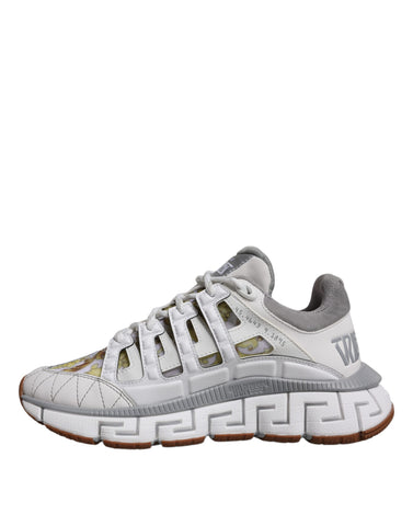 White Versace Trigreca Barocco print low top sneakers with bold design and logo, featuring a stylish and comfortable shoe profile.