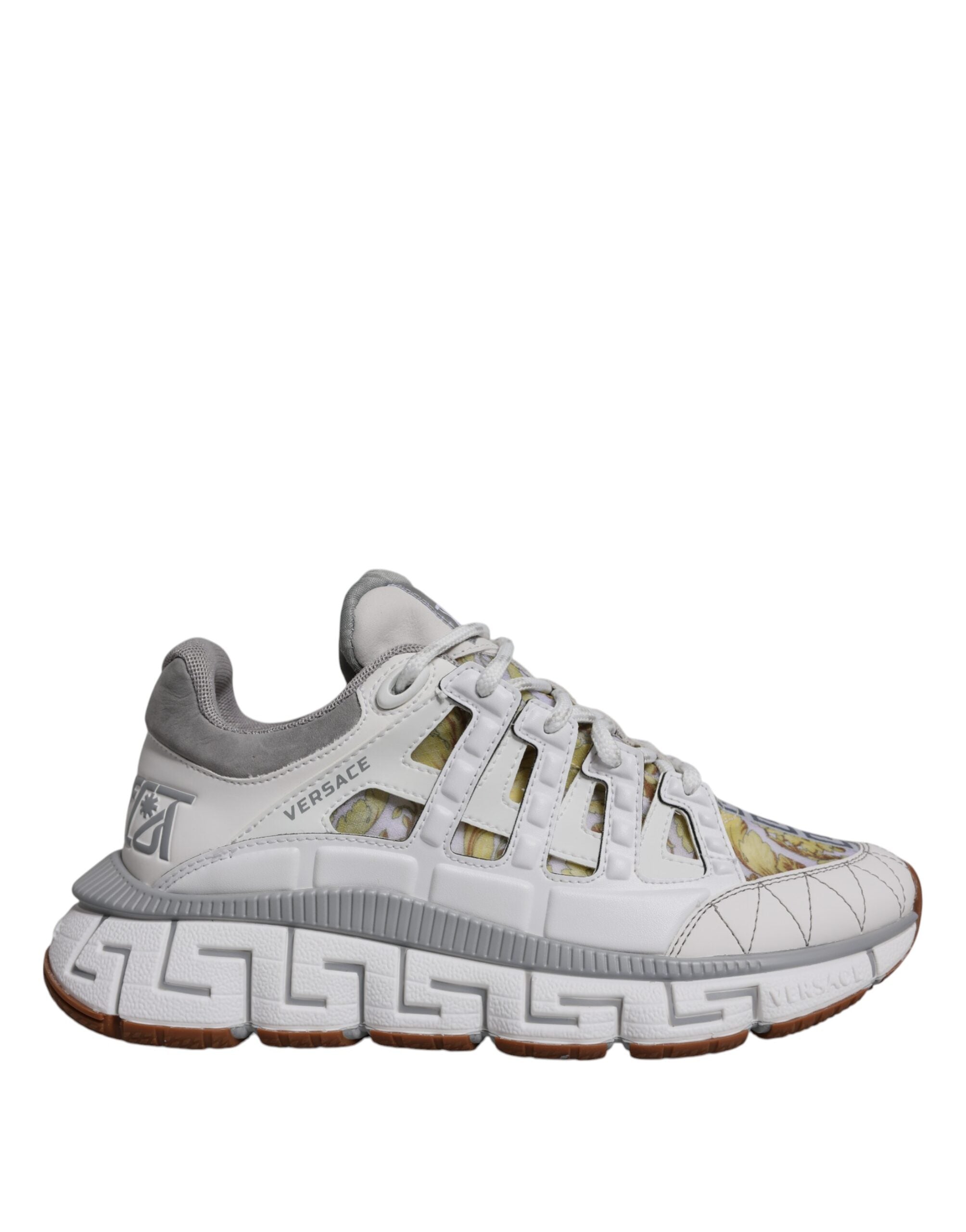 Versace White Trigreca Barocco Print low top sneakers with bold Barocco design and comfortable sneaker style.