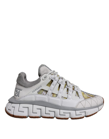 White Versace Trigreca Barocco print low top sneakers with bold design and branded details.