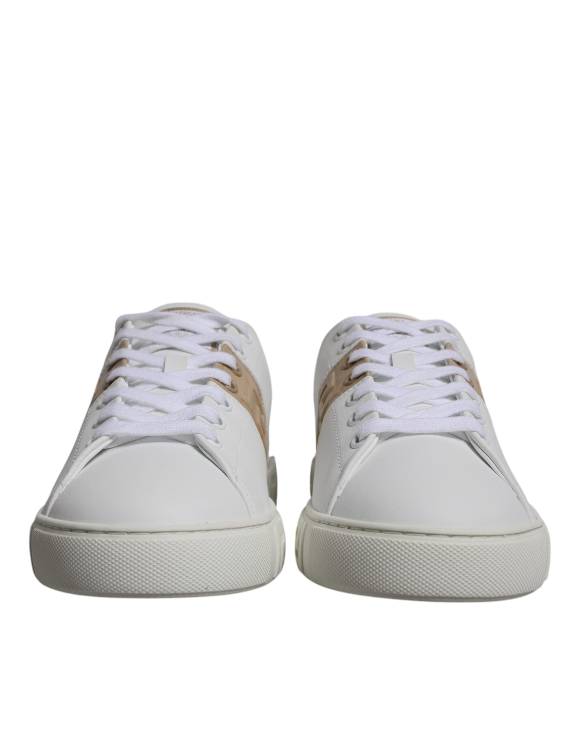 White and brown Versace Greca print TPU low-top men's sneakers with stylish design and comfortable fit.