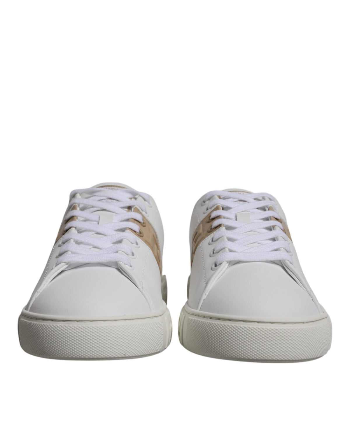 White and brown Versace Greca print TPU low-top men's sneakers with stylish design and comfortable fit.