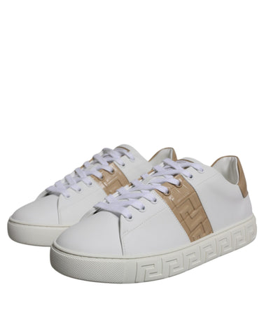 White and brown Versace Greca print TPU low top men's sneakers with stylish design and bold pattern.