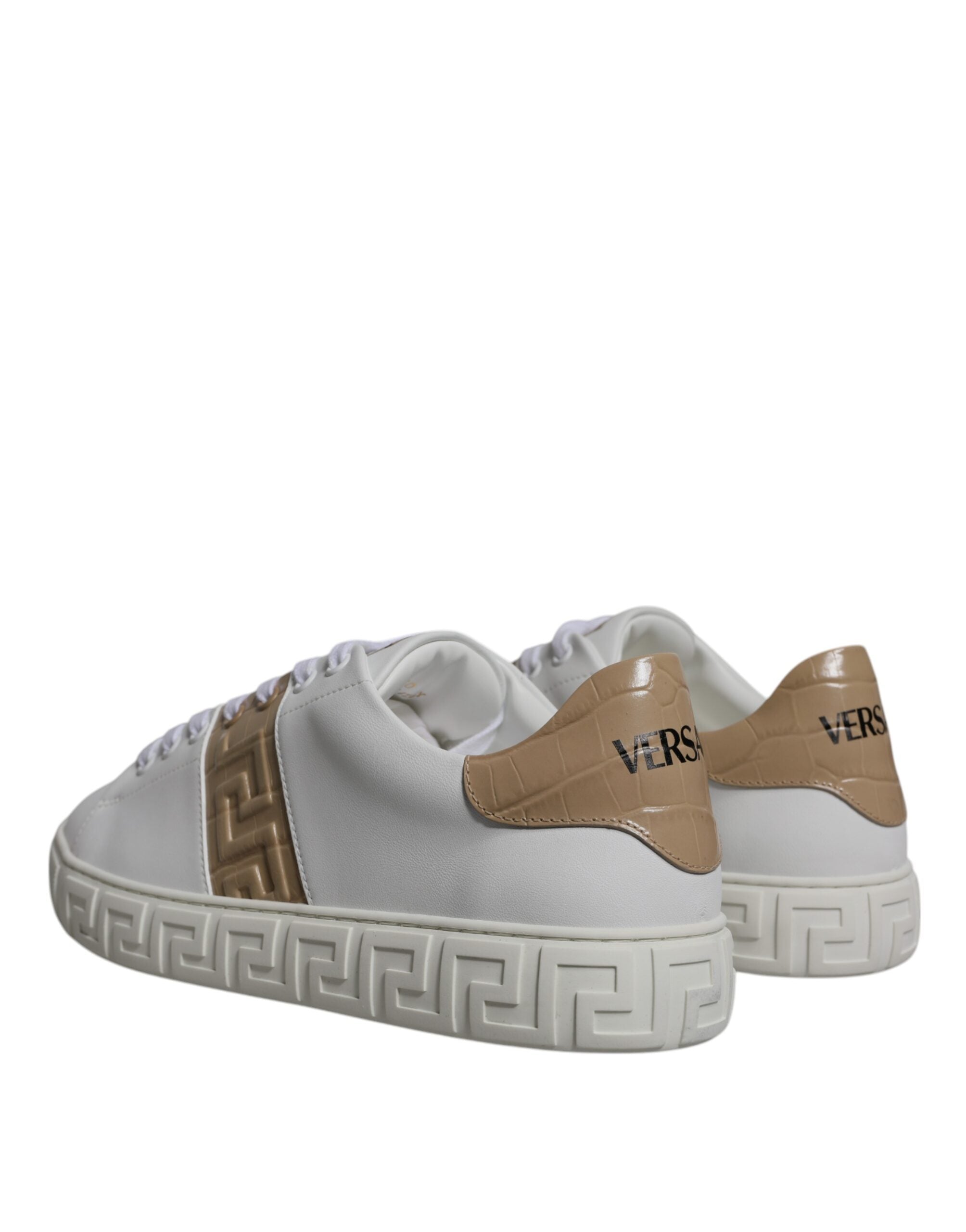 Versace men's white and brown Greca print TPU low top sneakers showing stylish design and patterned details.