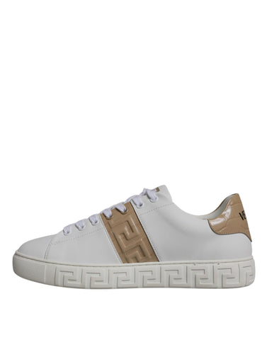 Versace men's white and brown Greca print TPU low-top sneakers showing stylish design and patterned details.