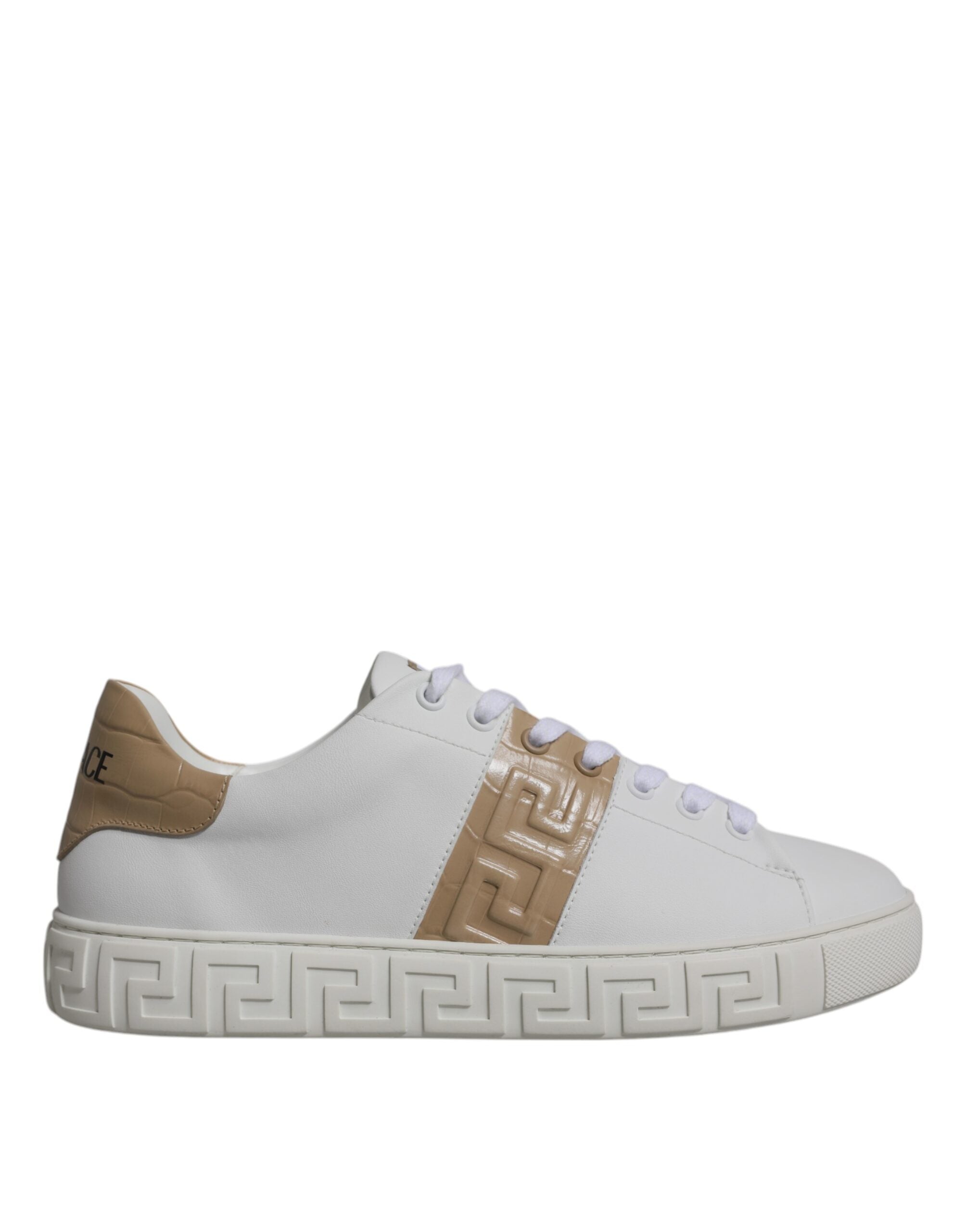 White and brown Versace Greca print TPU low top men's sneakers with stylish design and comfortable fit.